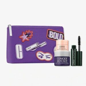 Clinique 4 Piece Travel Set With Cosmetic Makeup Bag Purple NEW